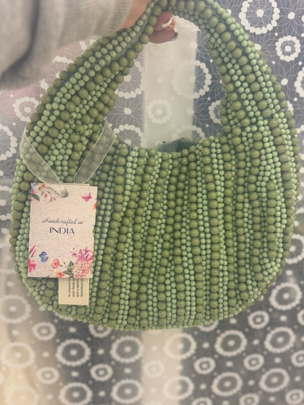 Handcrafted Olive Green Beaded Shoulder Bag